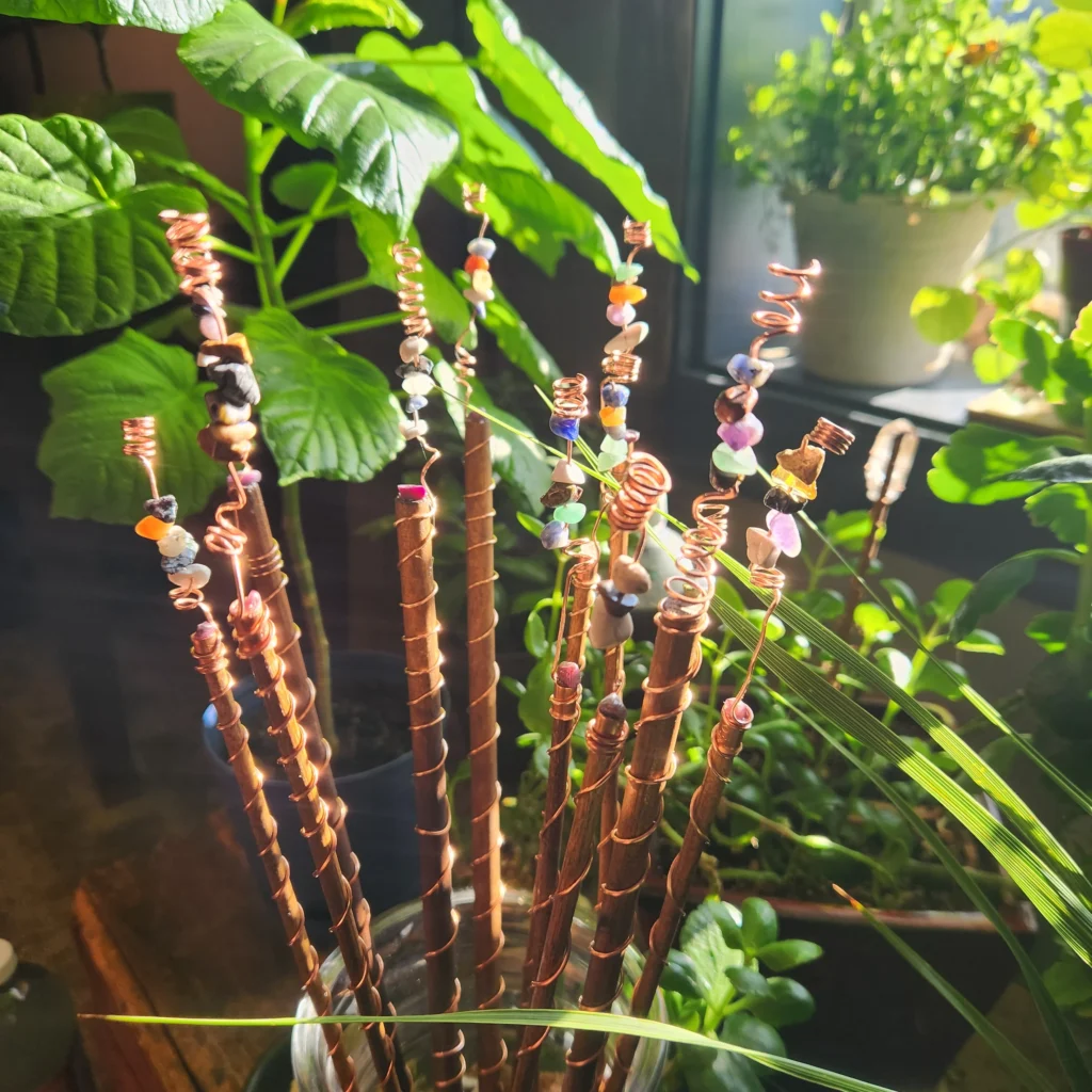 Electroculture copper wands decorated with beads and crystals