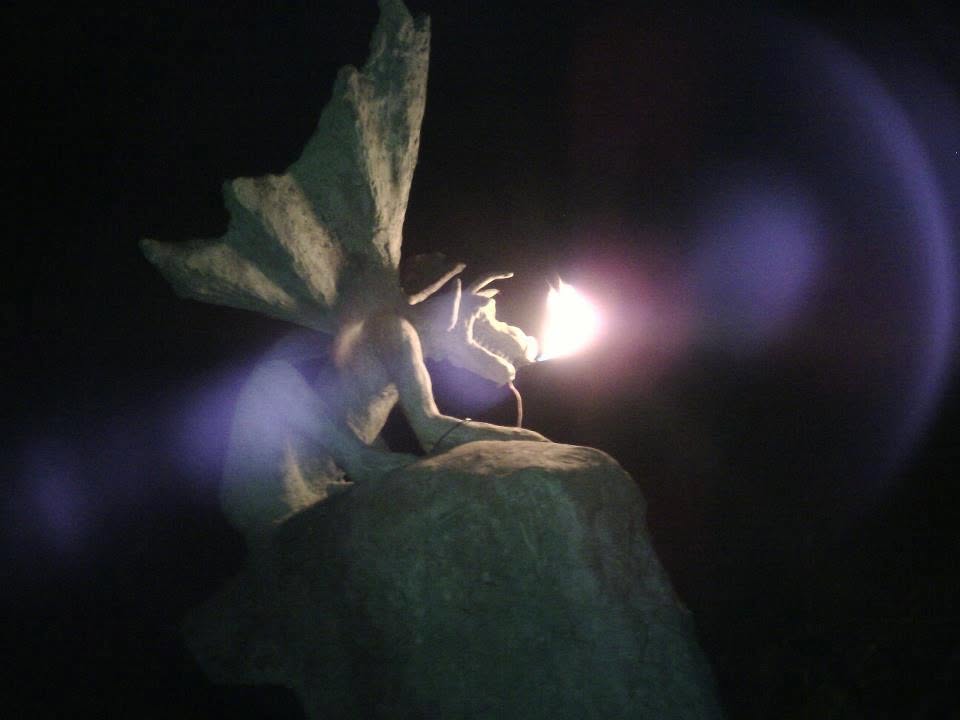 Gargoyle sculpture illuminated at night at the Warlock House in Wesley Chapel